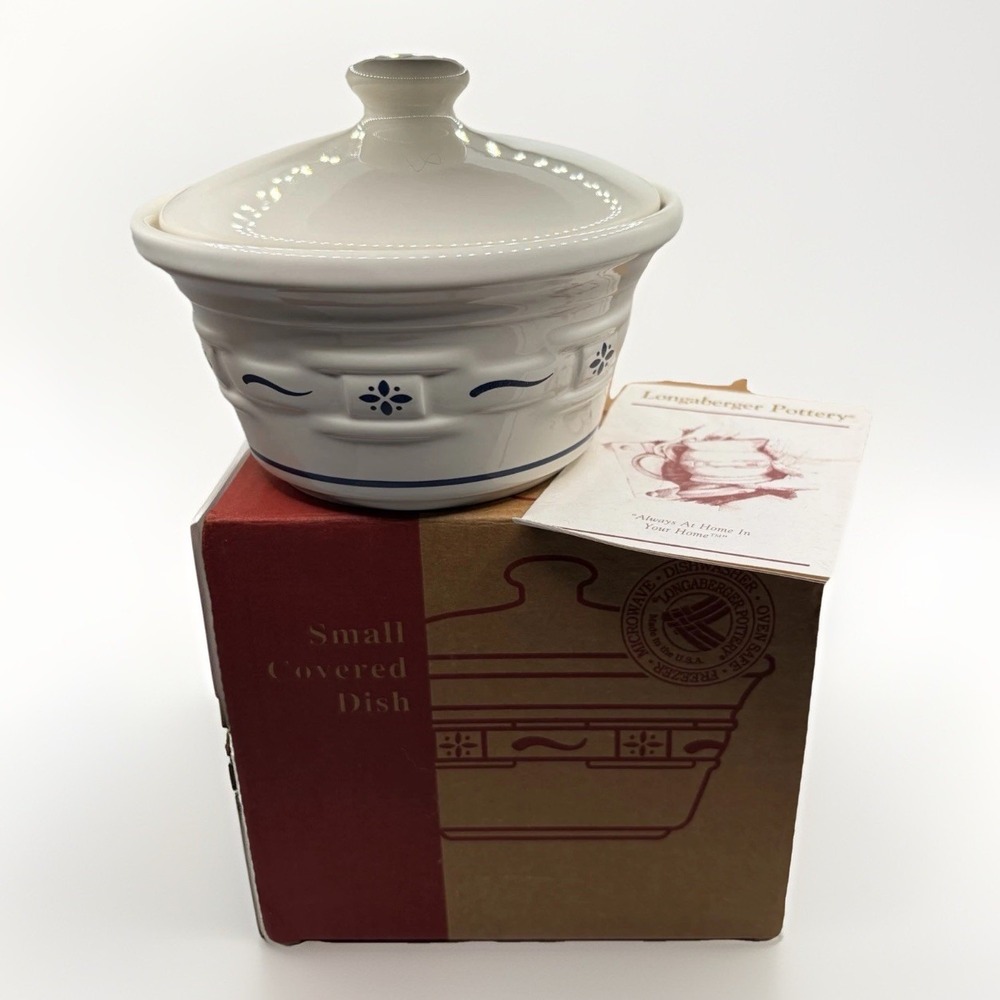 Longaberger Woven Traditions Pottery Classic Blue Small Covered Dish New in Box
